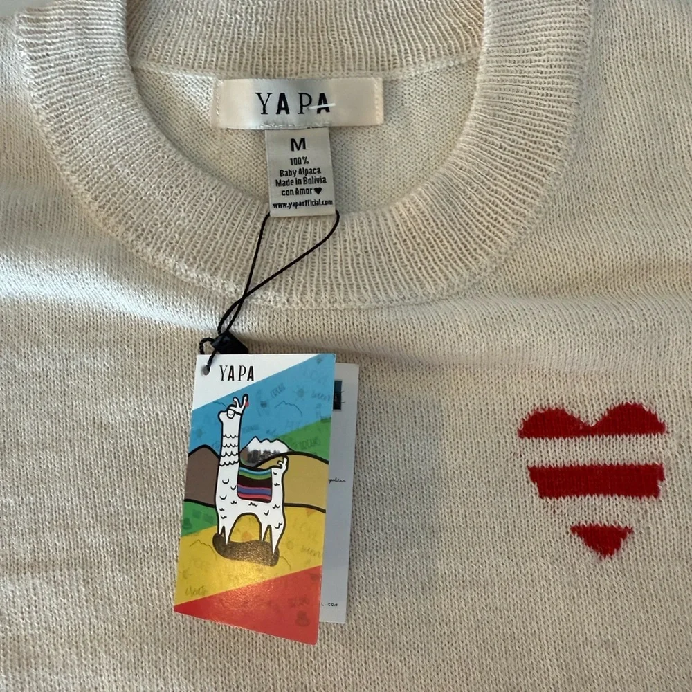 NWT YAPA Light Weight Baby Alpaca Sweater Off White Stepped Heart Medium $225